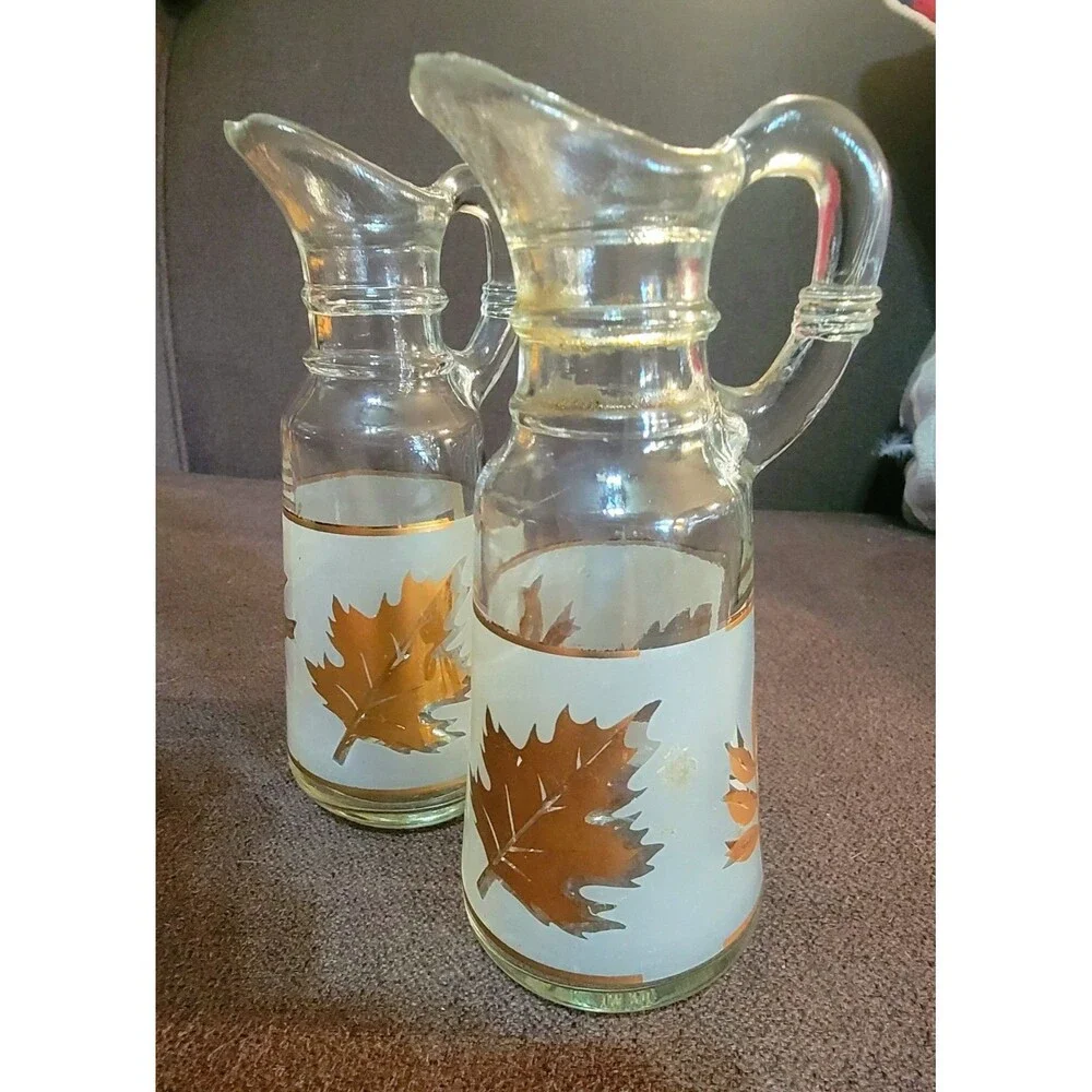 VTG Mid-Centry Frosted Cruet Oil Vinegar Set Gold Leaves Anchor Hocking Starlyte